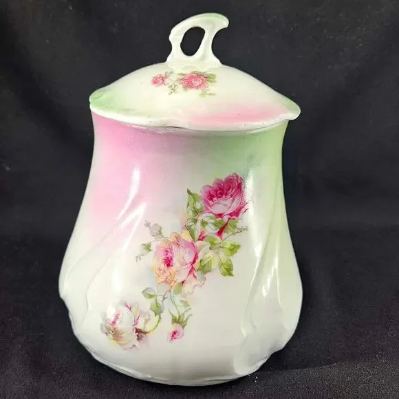 Antique Victorian Floral Hand Painted delicate porcelain Biscuit Jar w Lid